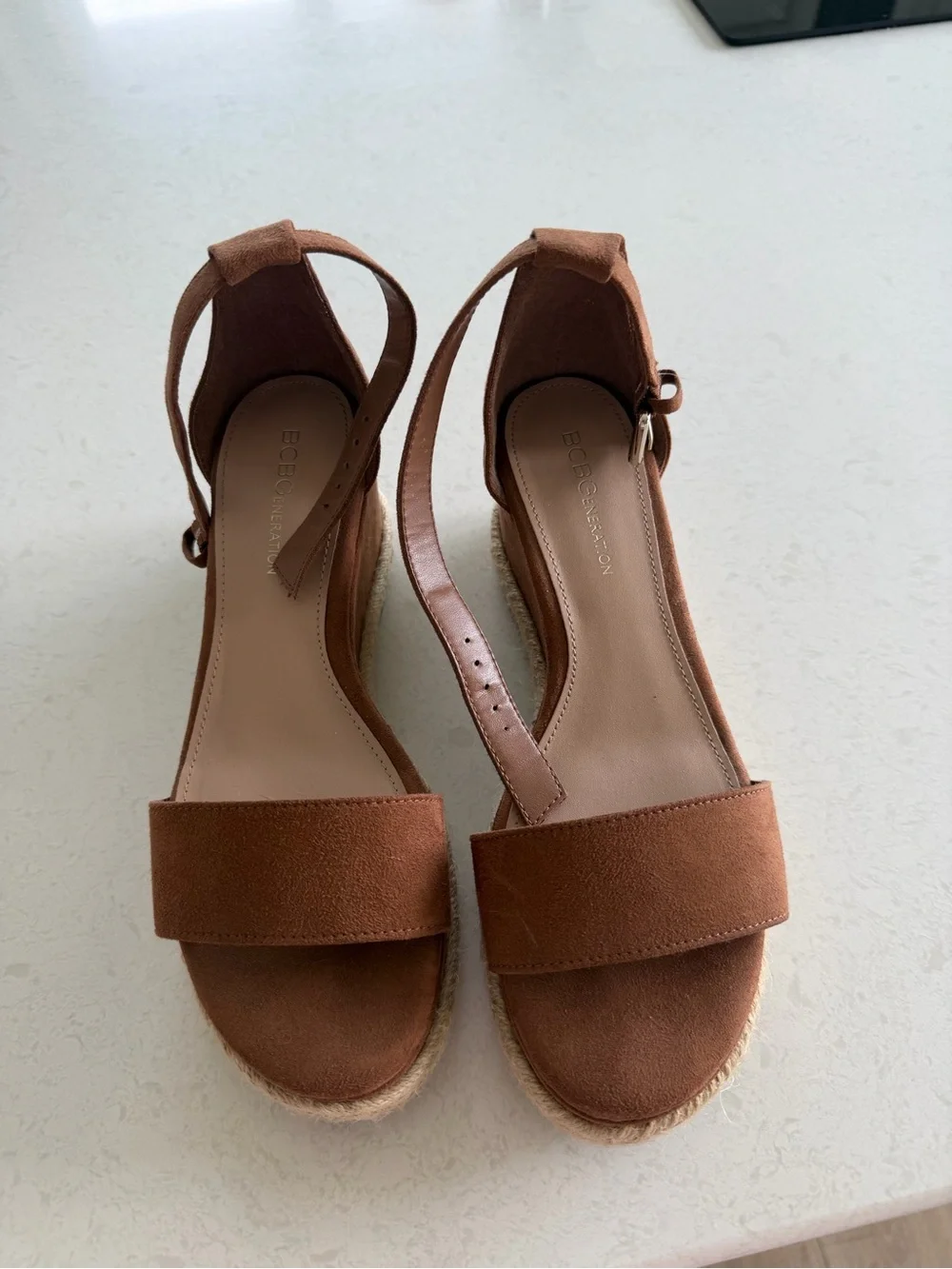 BCBGMaxAzria Tan Suede Ankle-Strap Espadrille Wedges